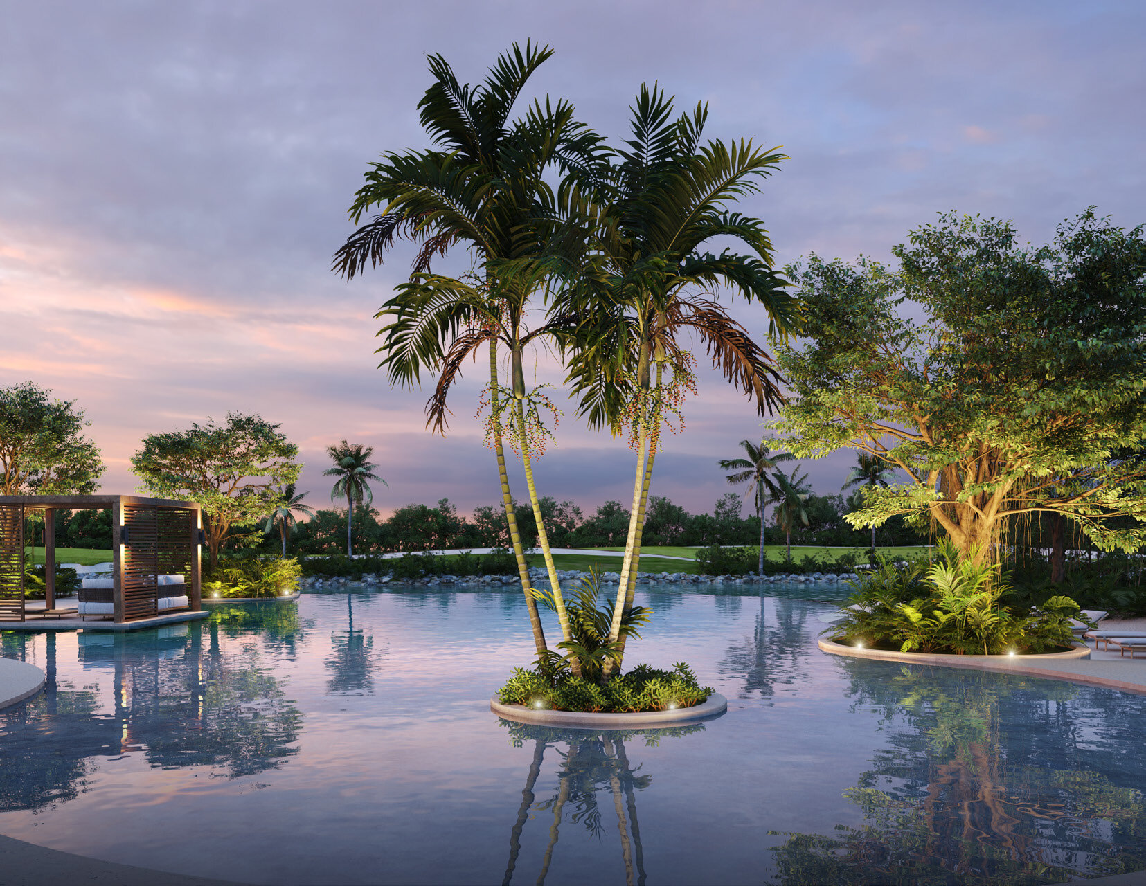 Punta Laguna torres y albercas al atardecer